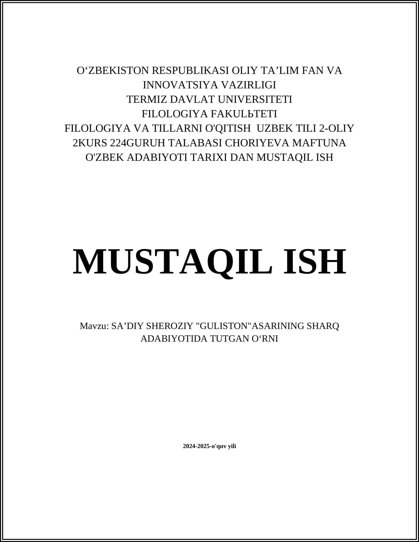 SAʼDIY SHEROZIY "GULISTON" ASARINING SHARQ ADABIYOTIDA TUTGAN OʻRNI 1