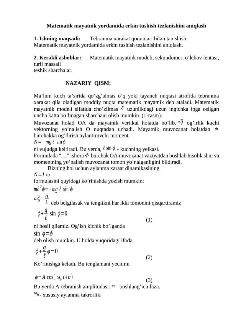 Matematik mayatnik yordamida erkin tushish tezlanishini aniqlash 1
