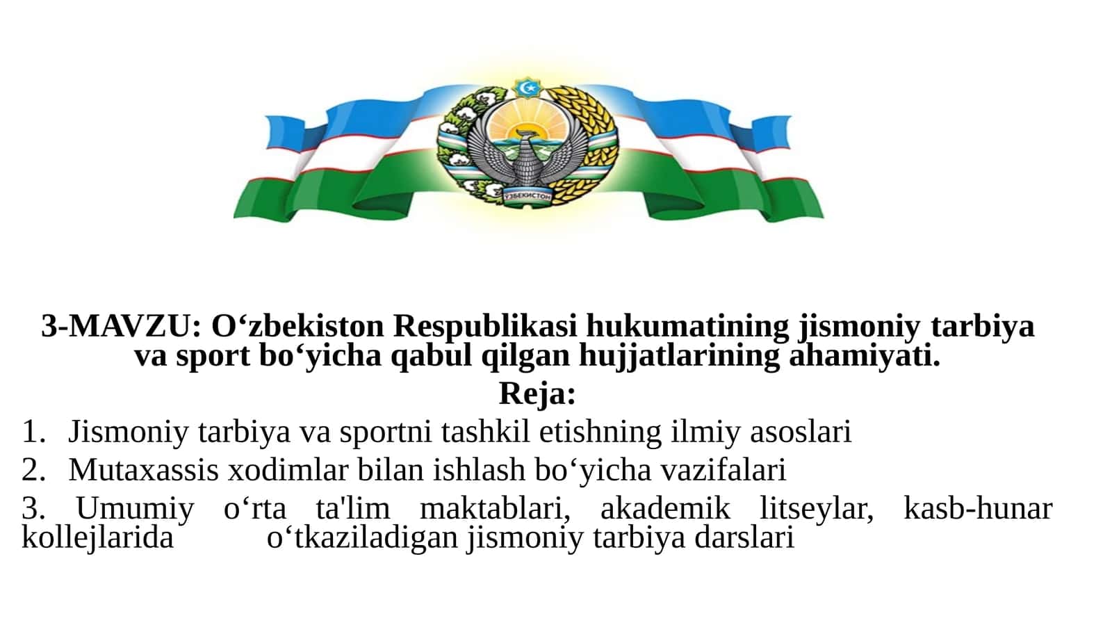 O‘zbekiston Respublikasi hukumatining jismoniytarbiyava sport bo‘yicha qabul qilgan hujjatlarining ahamiyati 1