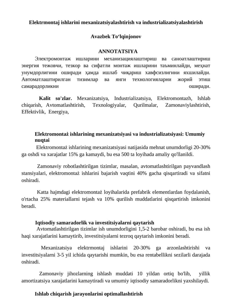 Elektromontazh ishlarini mexanizatsiyalashtirish va industrializatsiyalashtirish 1