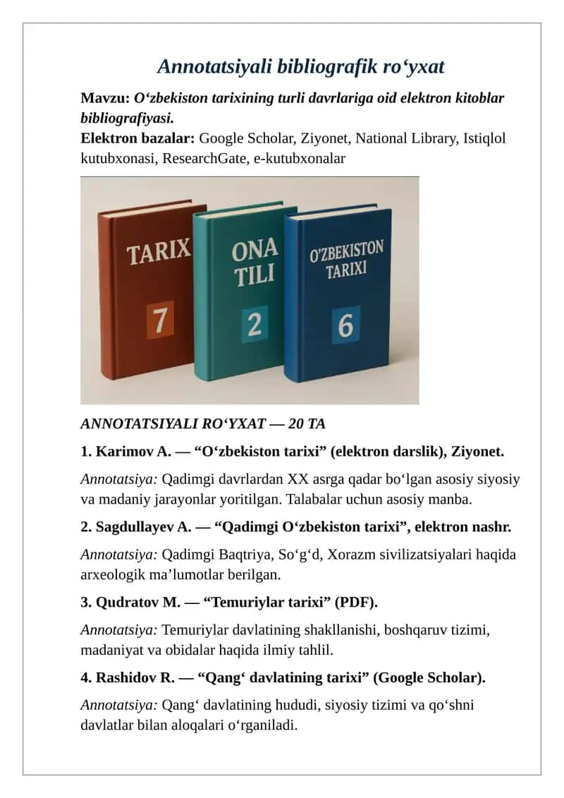 O‘zbekiston tarixining turli davrlariga oid elektron kitoblar bibliografiyasi 1