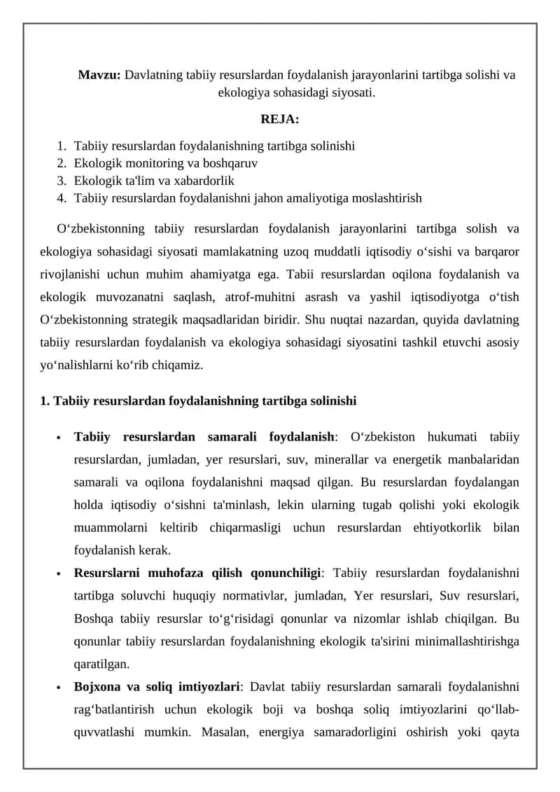 Davlatning tabiiy resurslardan foydalanish jarayonlarini tartibga solishi va ekologiya sohasidagi siyosati 1