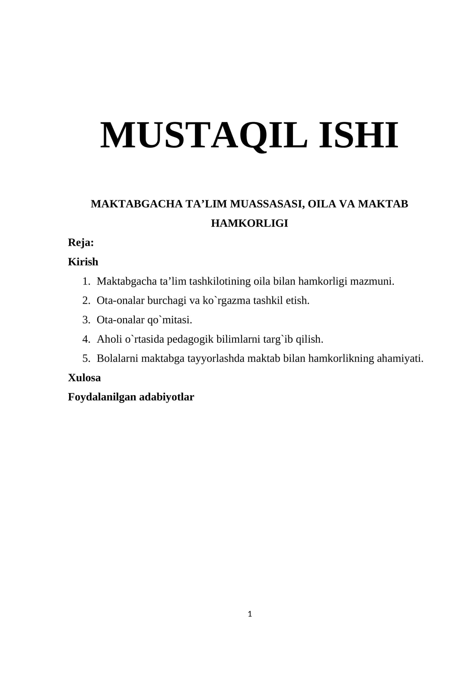 MAKTABGACHA TA’LIM MUASSASASI, OILA VA MAKTAB HAMKORLIGI 1
