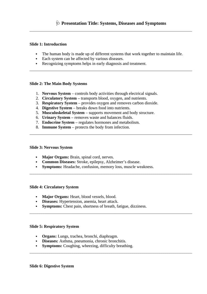 Systems, Diseases and Symptoms 1