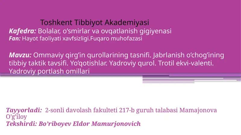 Ommaviy qirg'in qurollarining tasnifi. Jabrlanish o'chog'ining tibbiy taktik tasnifi. 1