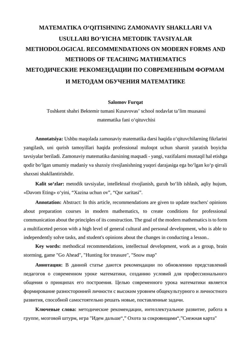MATEMATIKA O‘QITISHNING ZAMONAVIY SHAKLLARI VA USULLARI BO‘YICHA METODIK TAVSIYALAR 1