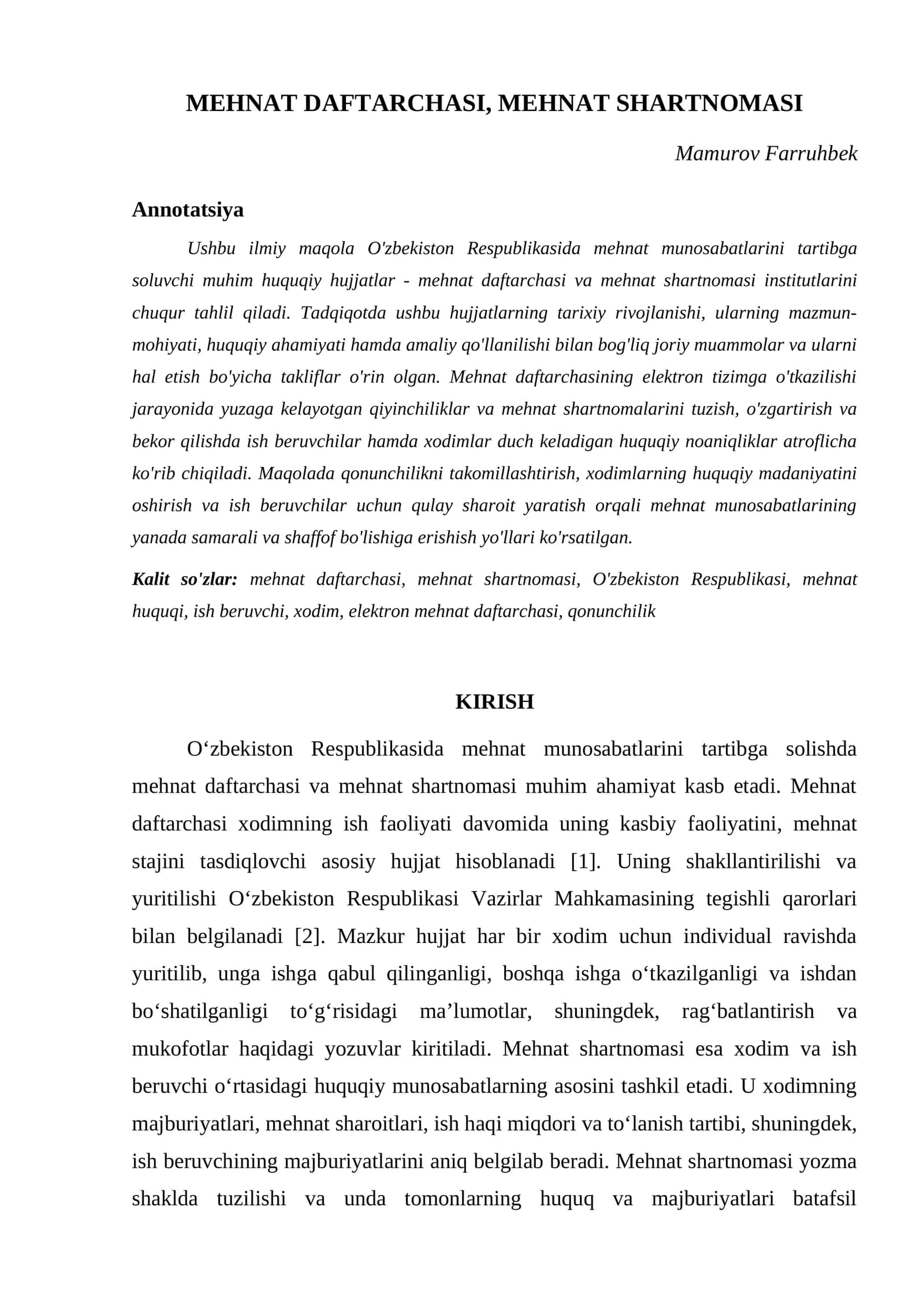 MEHNAT DAFTARCHASI, MEHNAT SHARTNOMASI 1