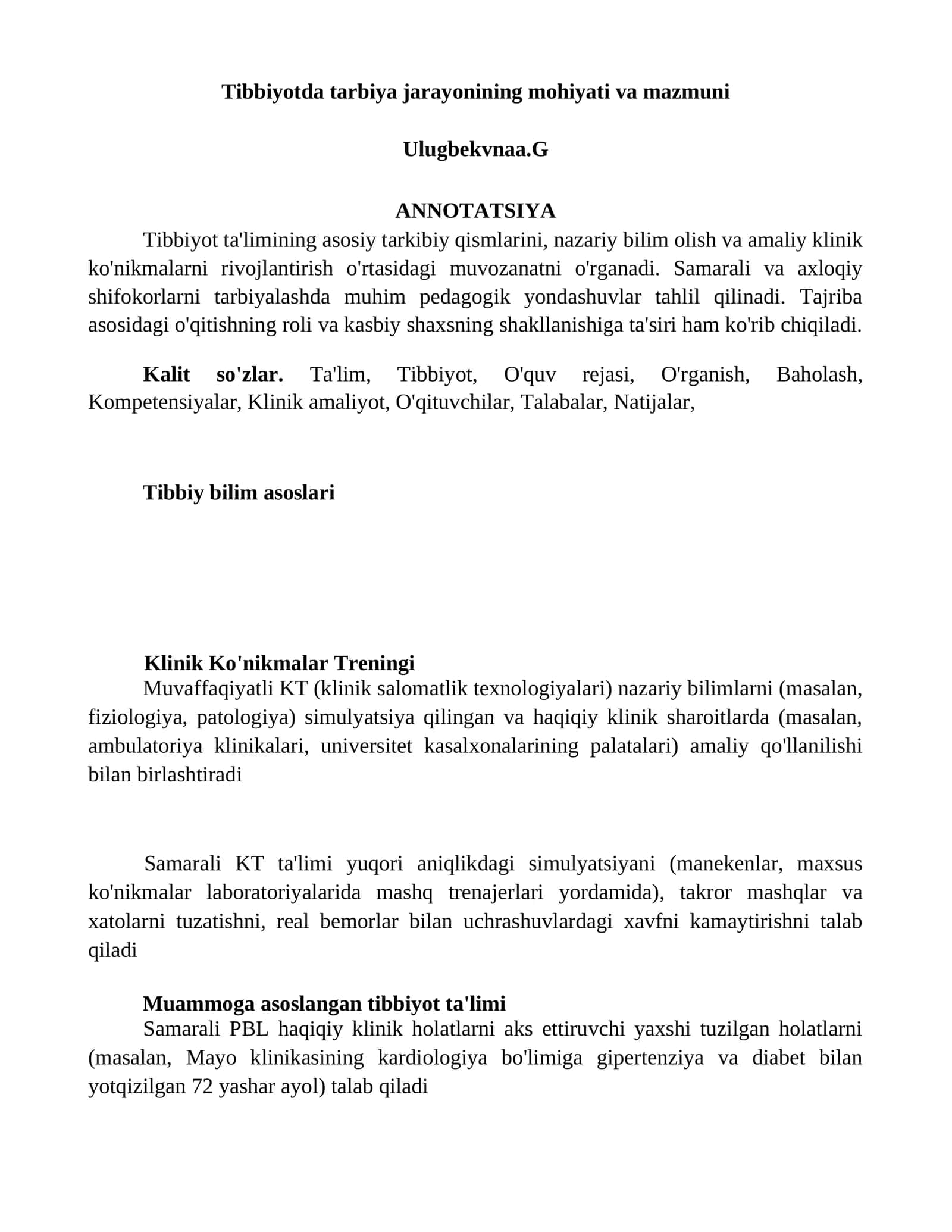 Tibbiyotda tarbiya jarayonining mohiyati va mazmuni 1