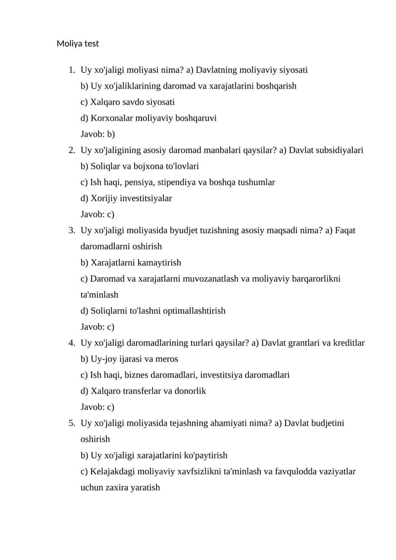 Uy xo'jaligi moliyasi test 1
