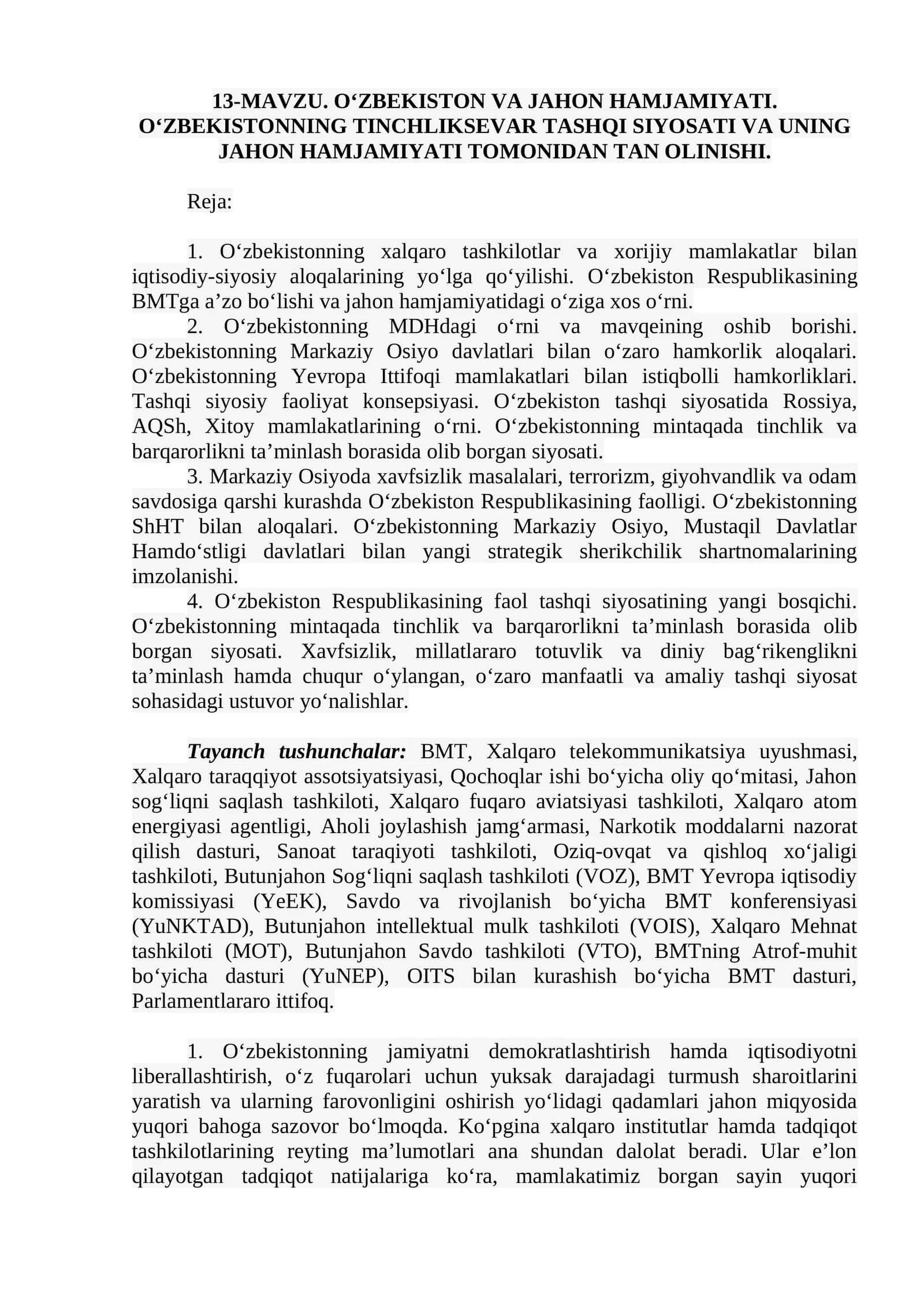 O'ZBEKISTON VA JAHON HAMJAMIYATI. O‘ZBEKISTONNING TINCHLIKSEVAR TASHQI SIYOSATI VA UNING JAHON HAMJAMIYATI TOMONIDAN TAN OLINISHI 1