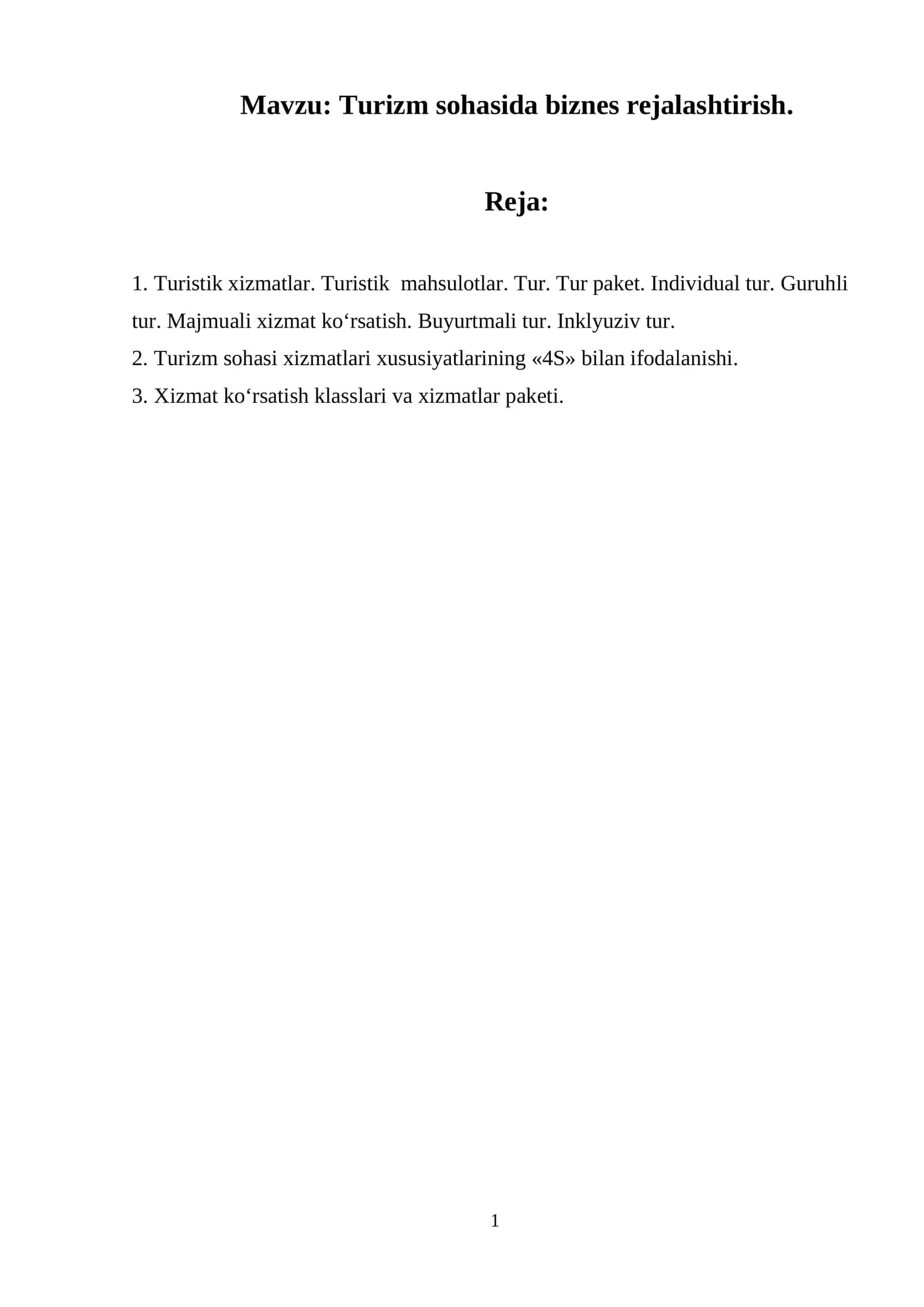 Turizm sohasida biznes rejalashtirish 1