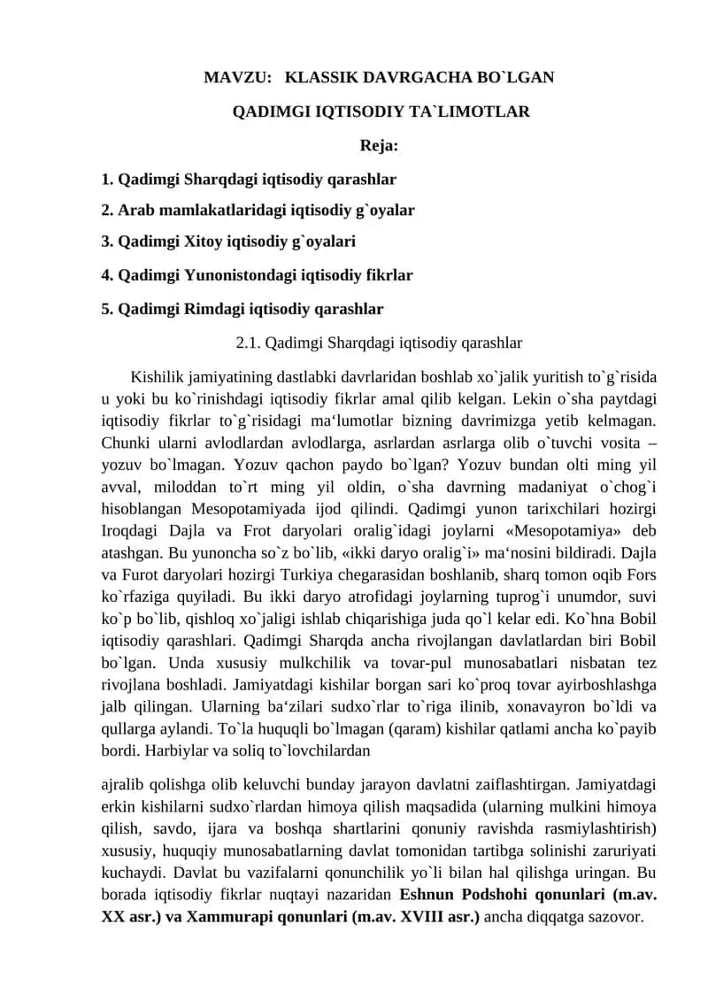 Qadimgi Iqtisodiy Ta`limotlar 1