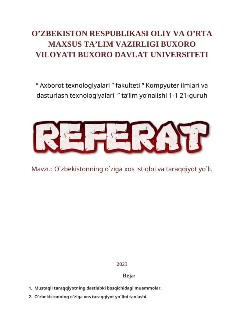 O‘zbekistonning o‘ziga xos istiqlol va taraqqiyot yo‘li 1