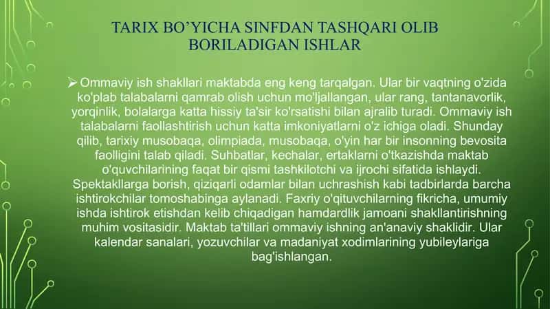 Tarix bo’yicha sinfdan tashqari olib boriladigan ishlar 1