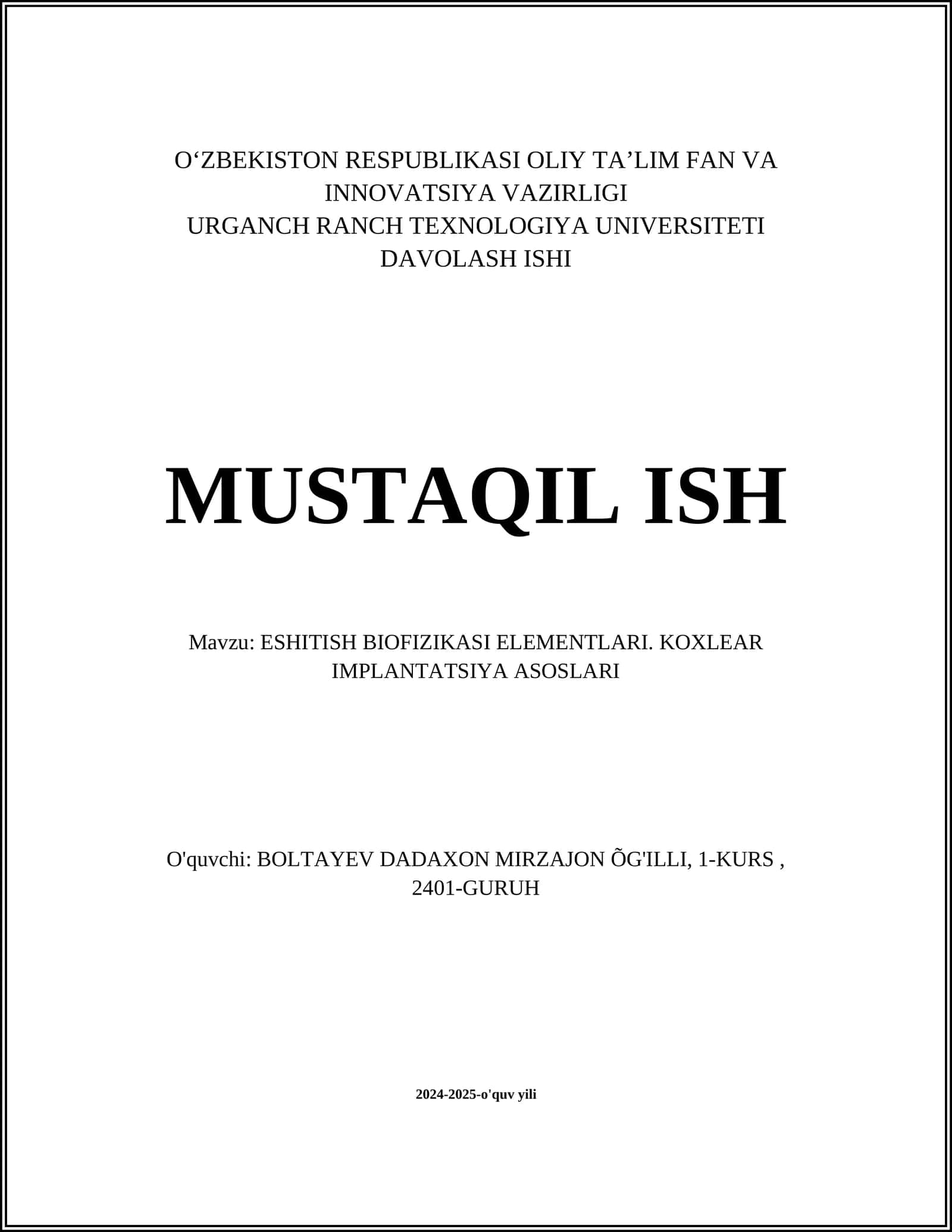 ESHITISH BIOFIZIKASI ELEMENTLARI. KOXLEAR IMPLANTATSIYA ASOSLARI 1
