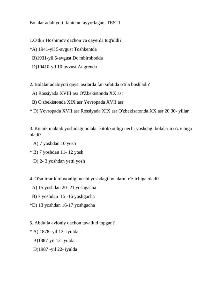 Bolalar adabiyoti  fanidan tayyorlagan  TESTI 1