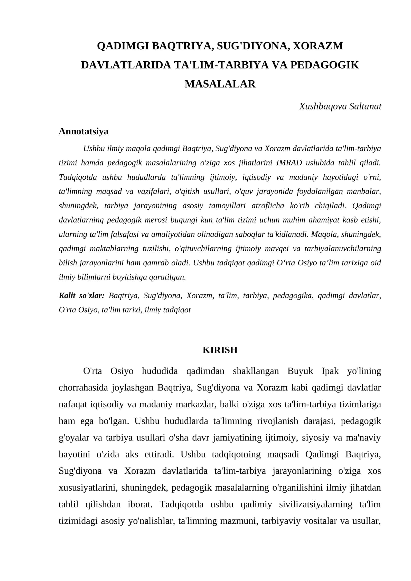 QADIMGI BAQTRIYA, SUG'DIYONA, XORAZM DAVLATLARIDA TA'LIM-TARBIYA VA PEDAGOGIK MASALALAR 1