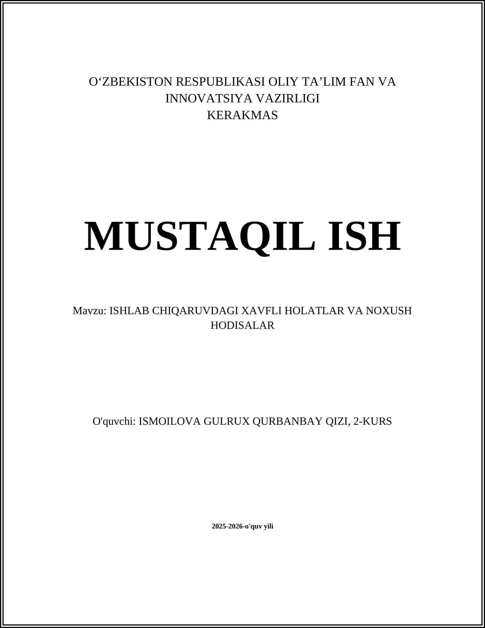 ISHLAB CHIQARUVDAGI XAVFLI HOLATLAR VA NOXUSH HODISALAR 1
