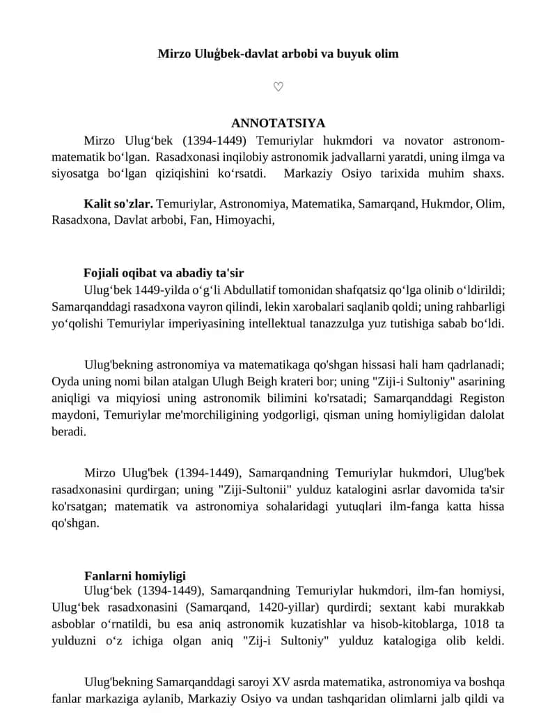 Mirzo Ulugʻbek-davlat arbobi va buyuk olim 1