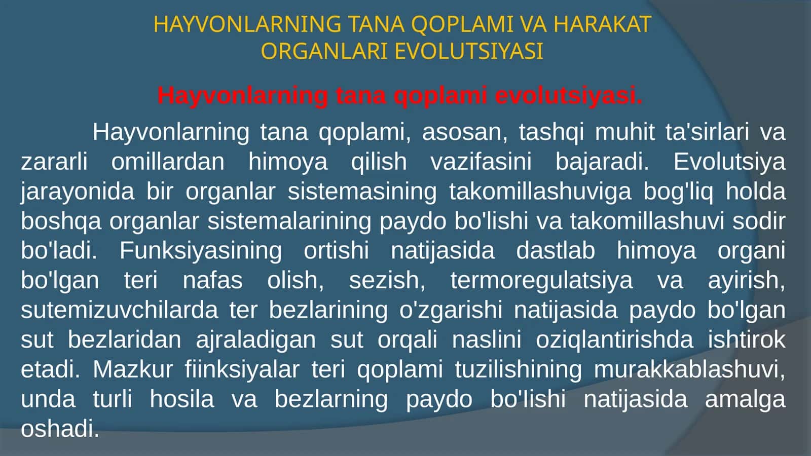 HAYVONLARNING TANA QOPLAMI VA HARAKATORGANLARI EVOLUTSIYASI 1