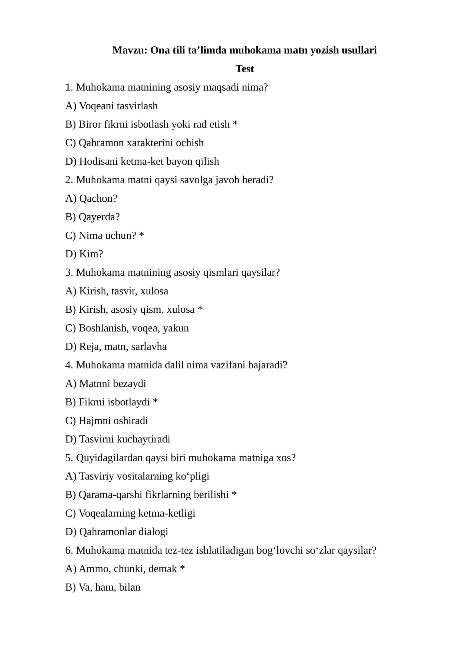 Ona tili ta’limda muhokama matn yozish usullari test 20 ta 1