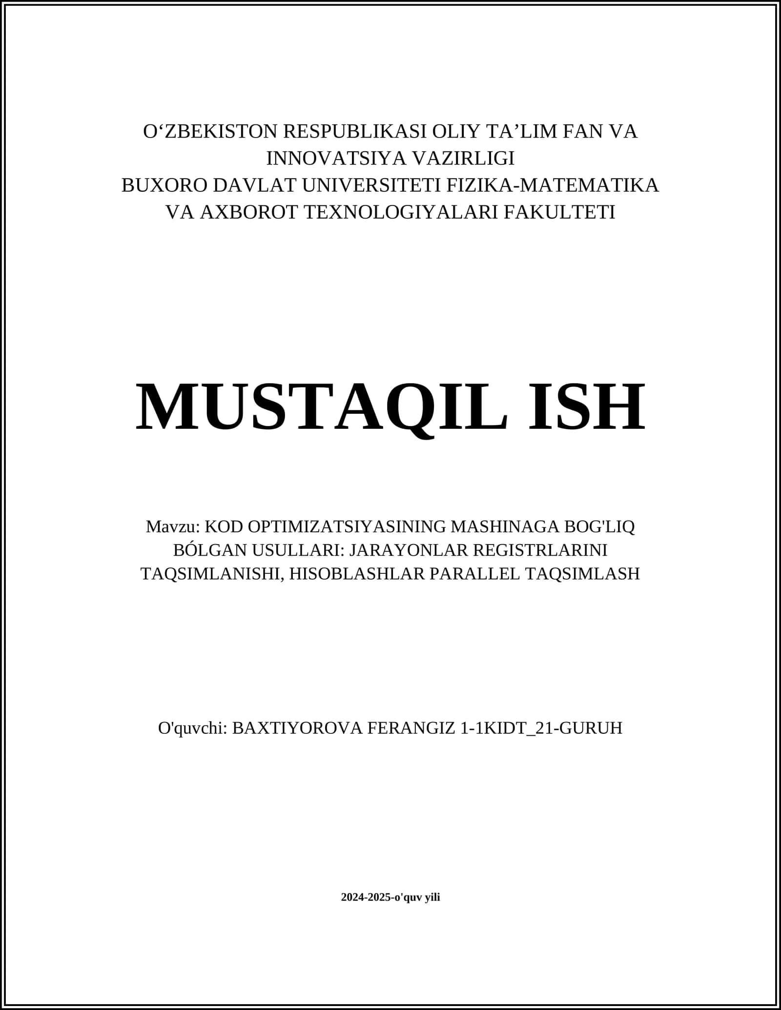 KOD OPTIMIZATSIYASINING MASHINAGA BOG'LIQ BÓLGAN USULLARI: JARAYONLAR REGISTRLARINI TAQSIMLANISHI, HISOBLASHLAR PARALLEL TAQSIMLASH 1