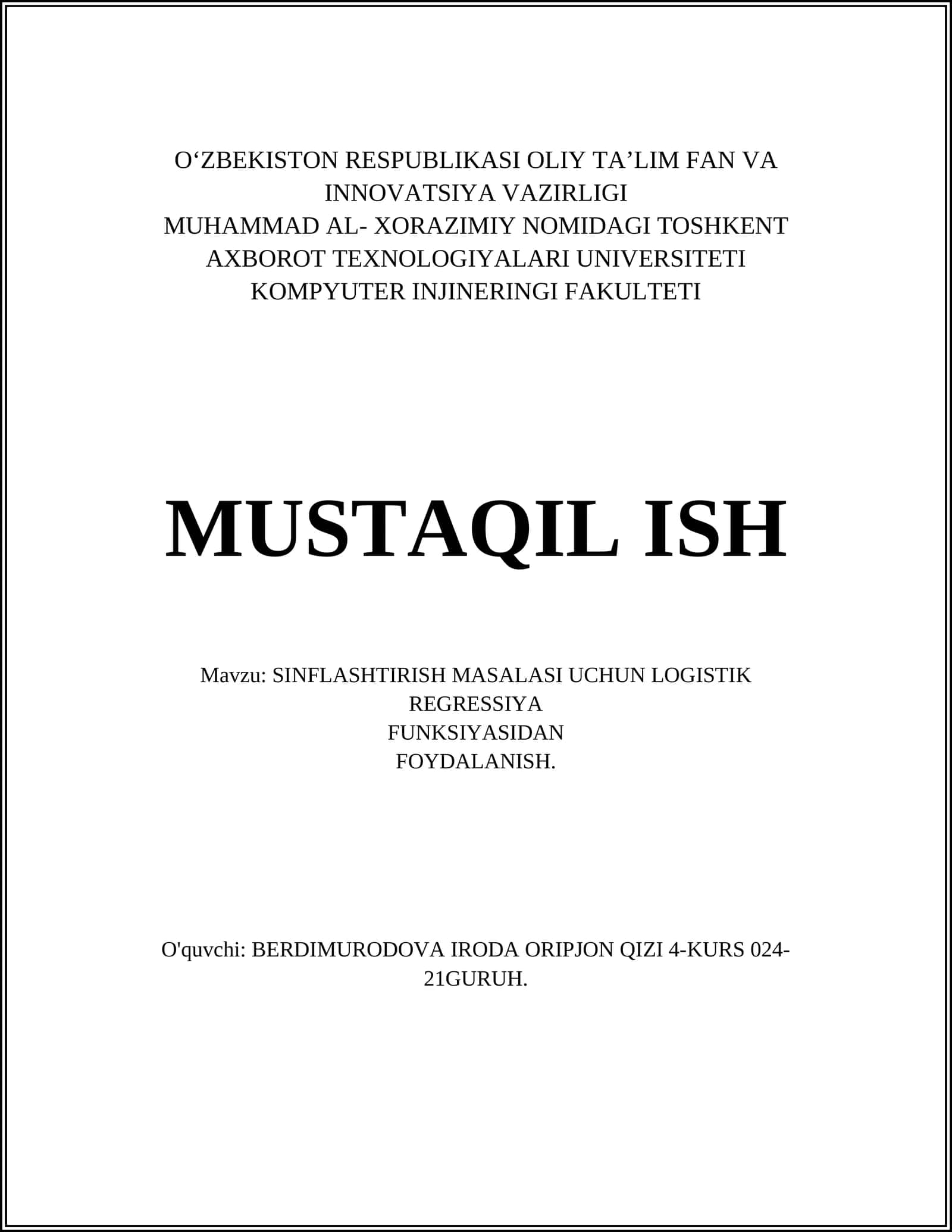 SINFLASHTIRISH MASALASI UCHUN LOGISTIK REGRESSIYA FUNKSIYASIDAN Foydalanish 1