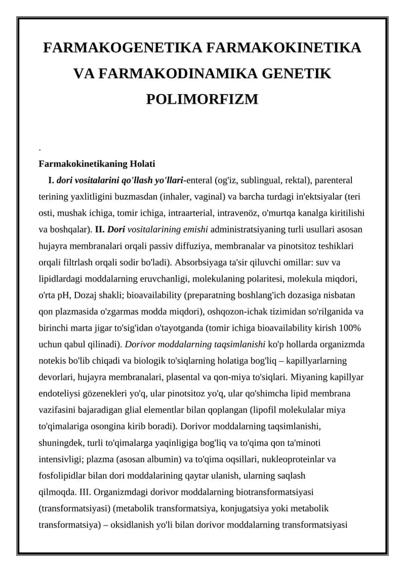 FARMAKOGENETIKA FARMAKOKINETIKA VA FARMAKODINAMIKA GENETIK POLIMORFIZM 1