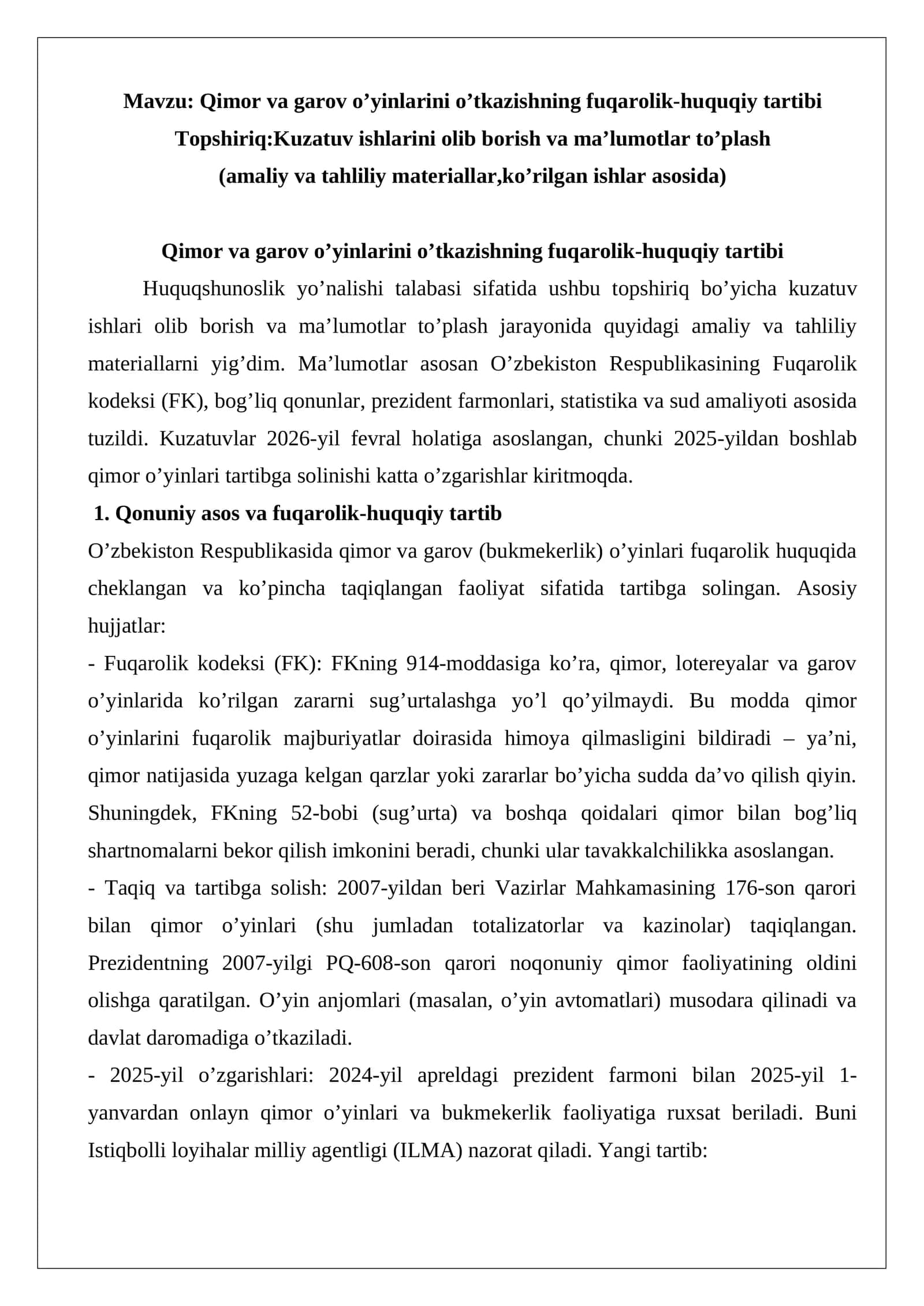 Qimor va garov o’yinlarini o’tkazishning fuqarolik-huquqiy tartibi 1