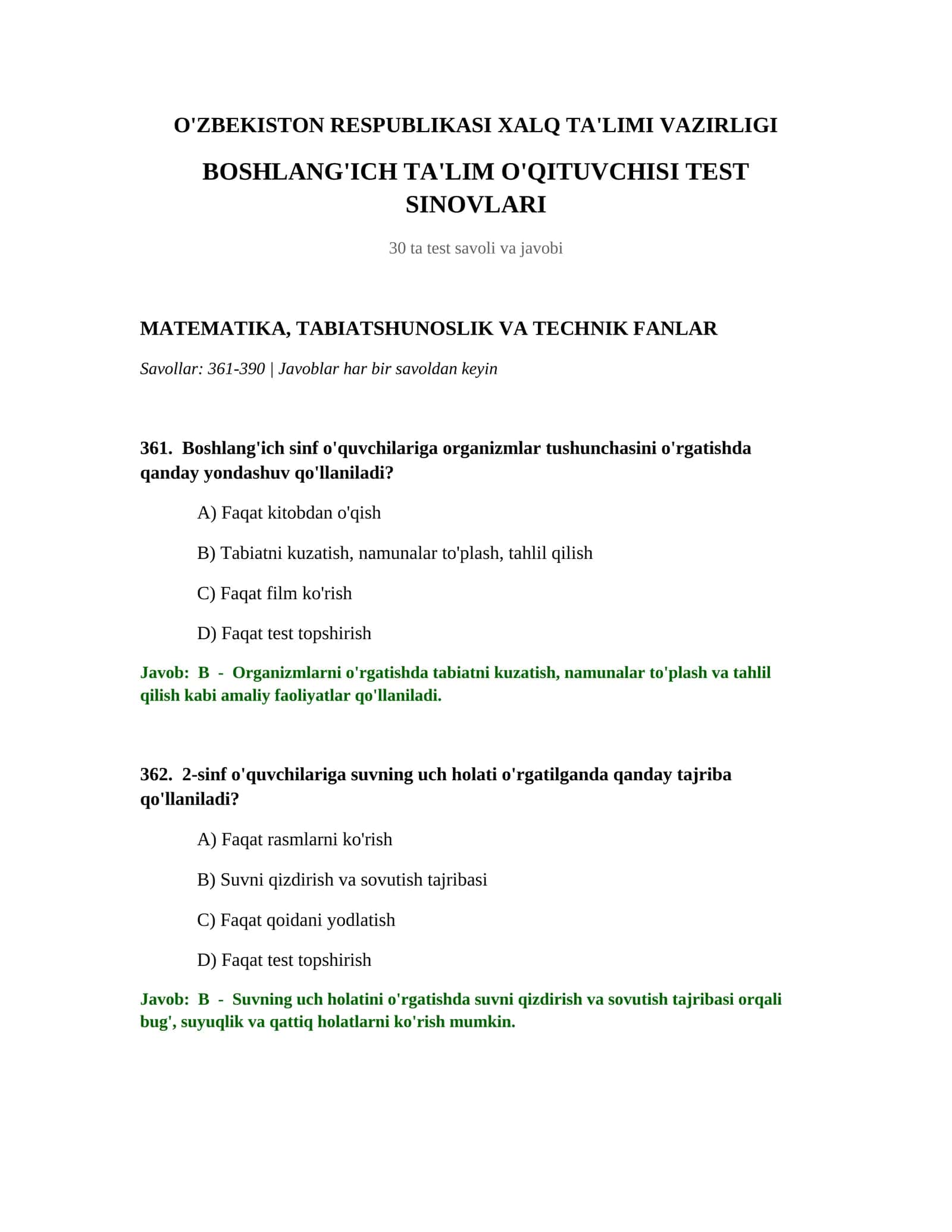 Boshlang'ich Ta'lim O'qituvchisi Test Sinovlari 1