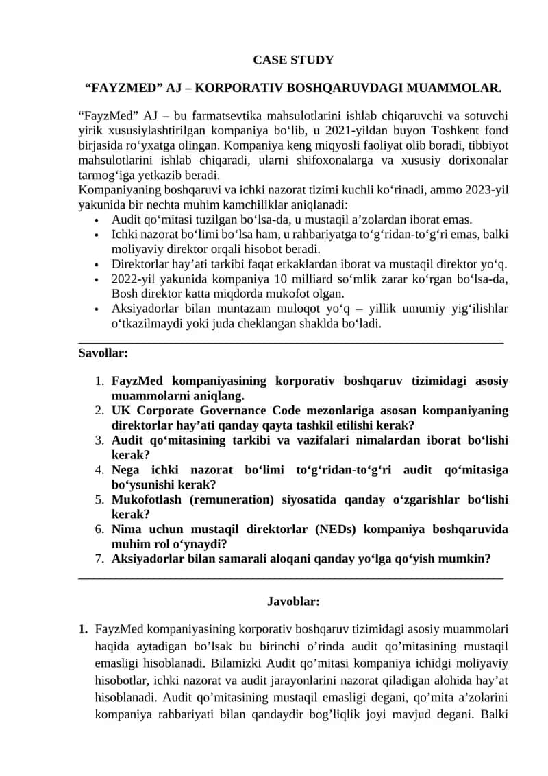 "FAYZMED" AJ – KORPORATIV BOSHQARUVDAGI MUAMMOLAR 1