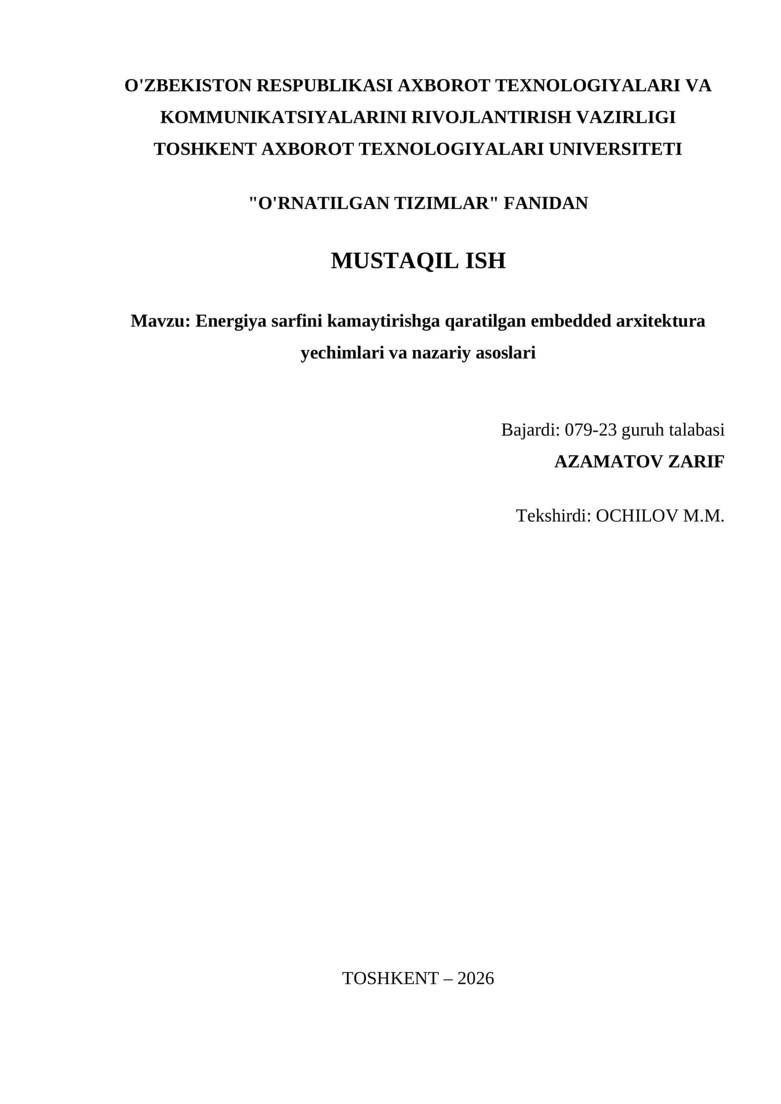 Energiya sarfini kamaytirishga qaratilgan embedded arxitektura yechimlari va nazariy asoslari 1