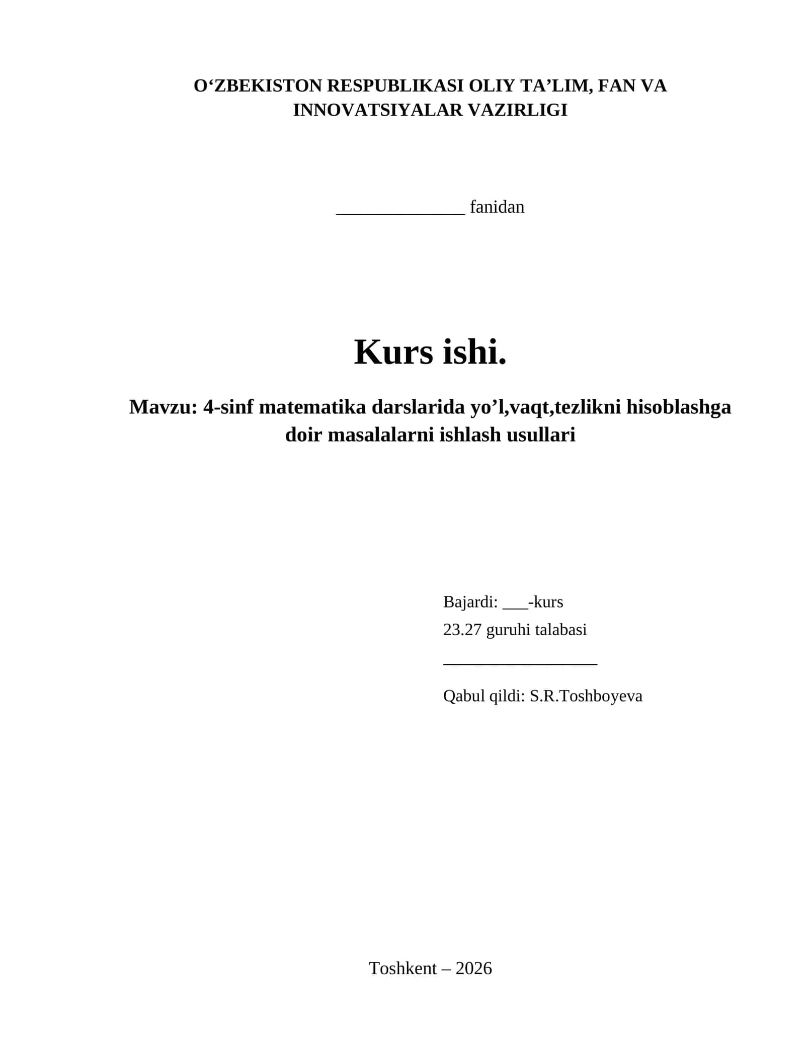 4-sinf matematika darslarida yo’l,vaqt,tezlikni hisoblashga doir masalalarni ishlash usullari 1