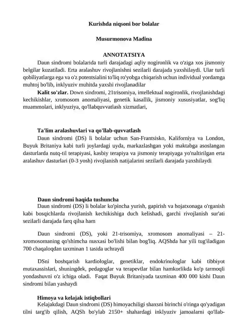 Daun sindromi (Down syndrome) li bolalar uchun inklyuziv ta'lim