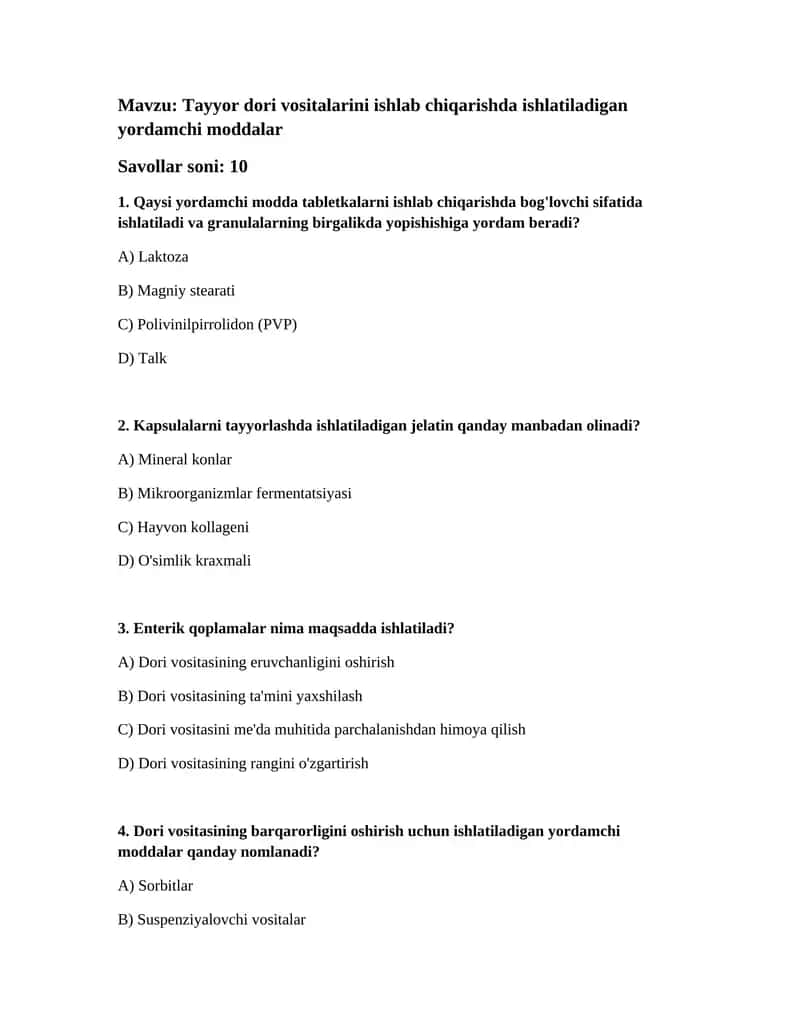 Tayyor dori vositalarini ishlab chiqarishda ishlatiladigan yordamchi moddalar 1