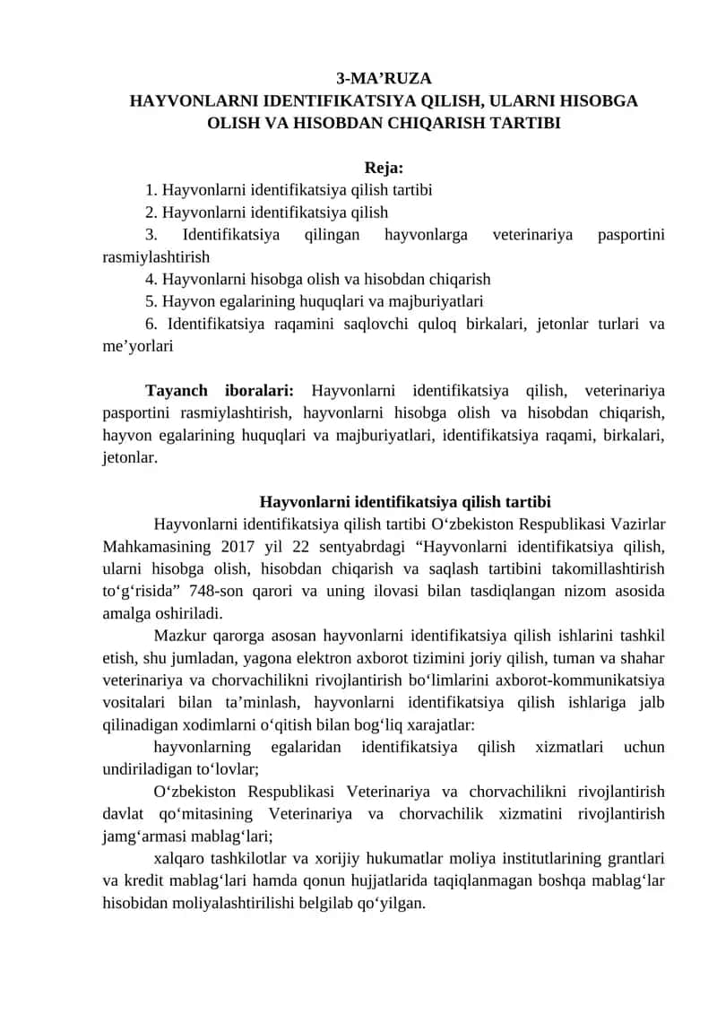 Hayvonlarni Identifikatsiya Qilish, Ularni Hisobga Olush va Hisobdan Chiqarish Tartibi 1