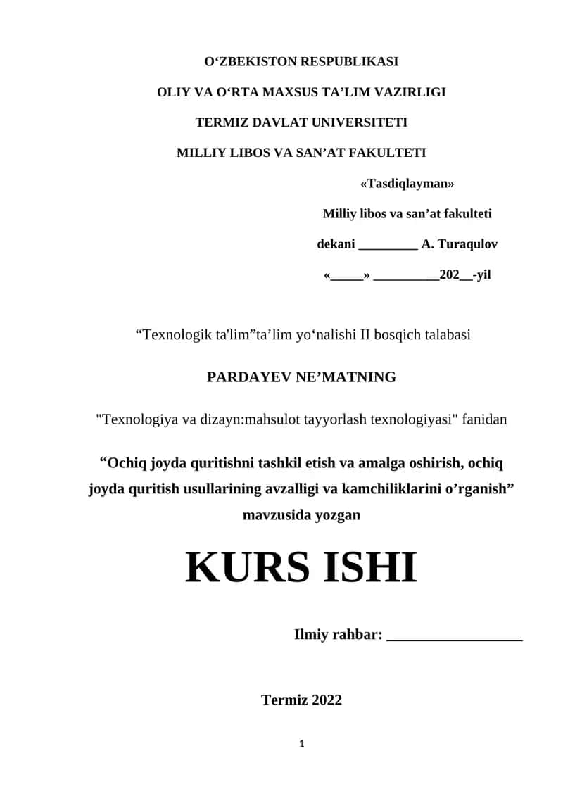 Texnologiya va dizayn: mahsulot tayyorlash texnologiyasi 1