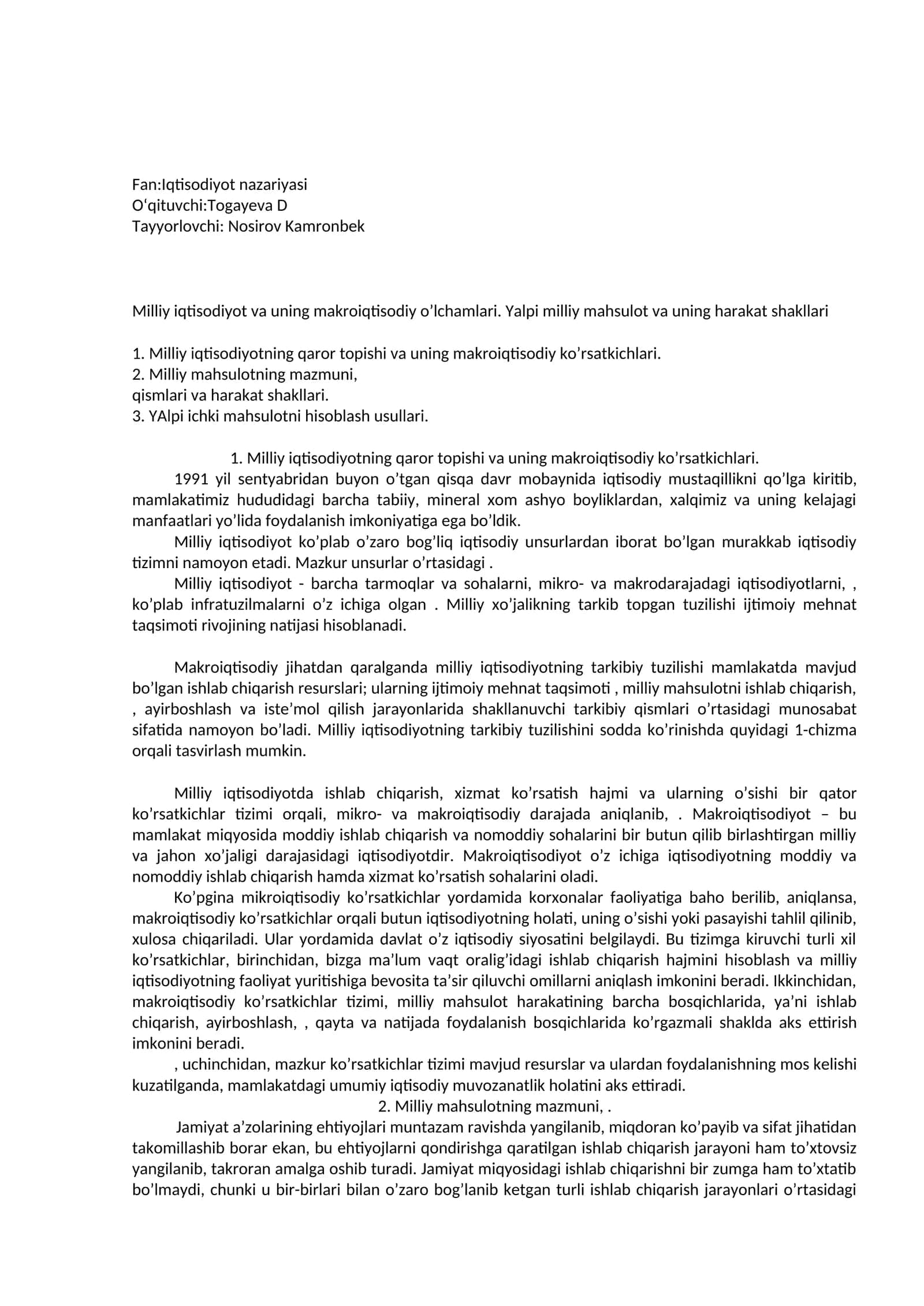 Milliy iqtisodiyotning qаrоr tоpishi vа uning mаkrоiqtisоdiy ko’rsаtkichlаri 1
