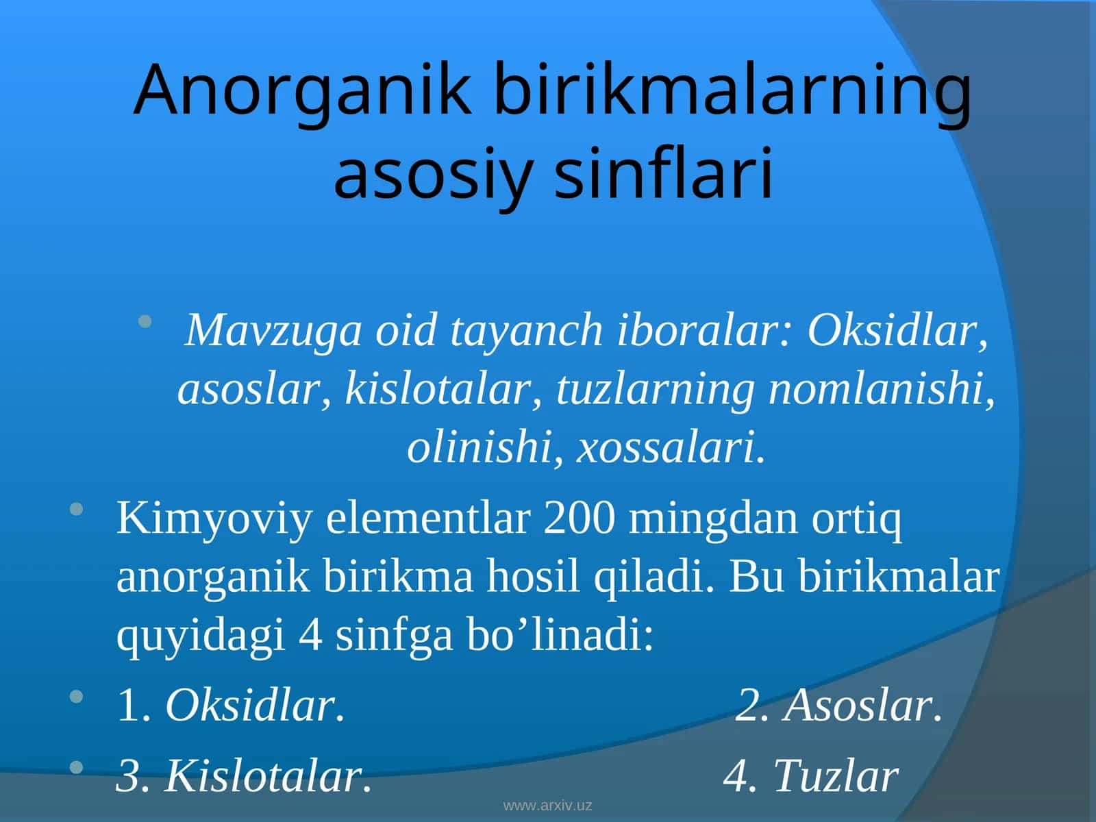 Anorganik birikmalarning asosiy sinflari 1