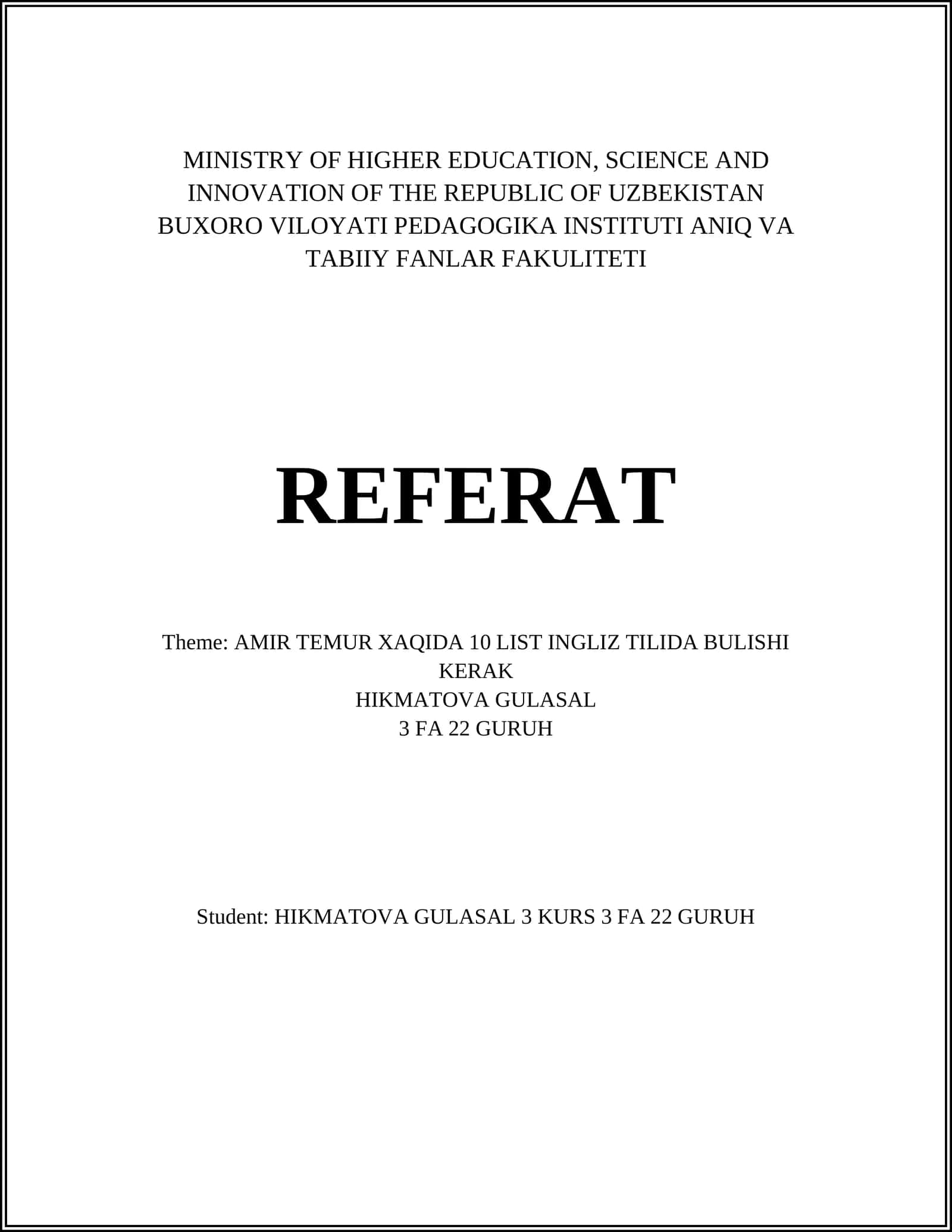 AMIR TEMUR XAQIDA 10 LIST INGLIZ TILIDA BULISHI KERAK 1