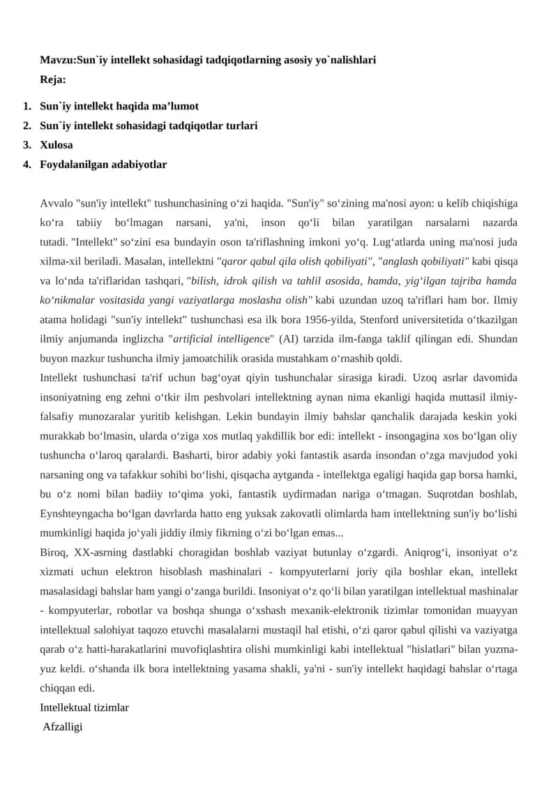 Sun`iy intellekt sohasidagi tadqiqotlarning asosiy yo`nalishlari 1