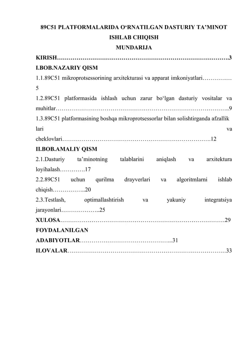 89C51 PLATFORMALARIDA O‘RNATILGAN DASTURIY TA’MINOT ISHLAB CHIQISH 1