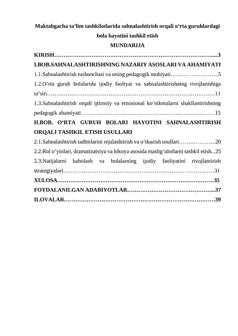 Maktabgacha ta’lim tashkilotlarida sahnalashtirish orqali oʻrta guruhlardagi bola hayotini tashkil etish