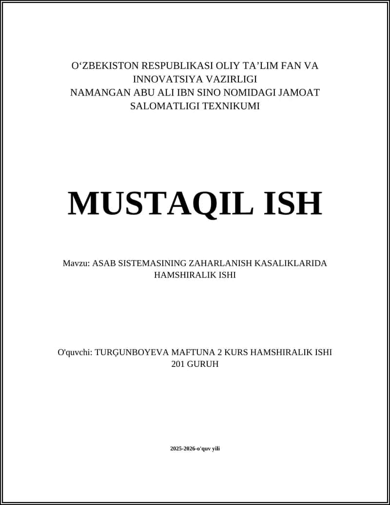ASAB SISTEMASINING ZAHARLANISH KASALIKLARIDA HAMSHIRALIK ISHI 1