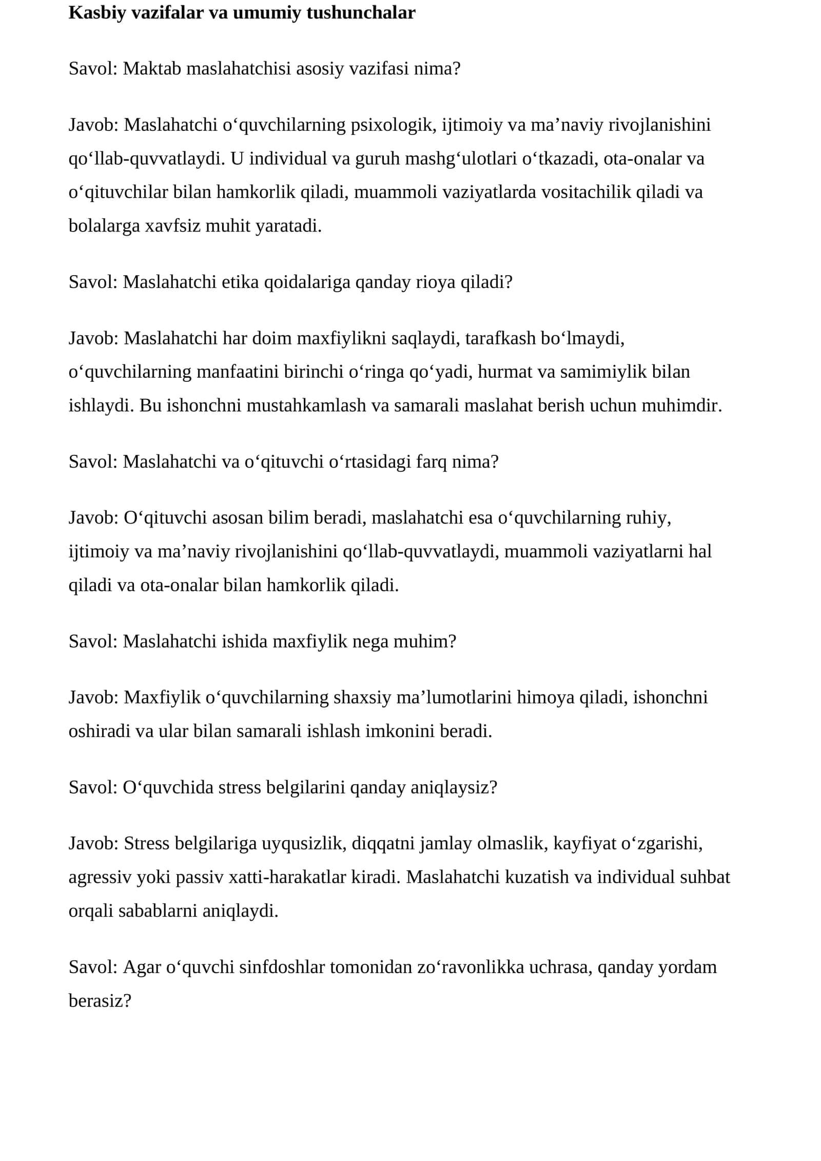 Maktab maslaxatchiligi savol javob 1