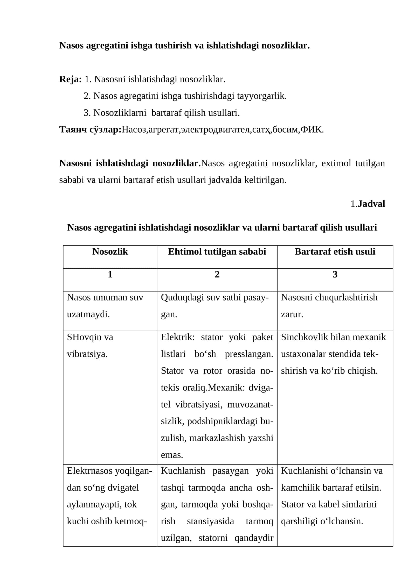 Nasos Agregatini Ishlatishdagi Nosozliklar 1