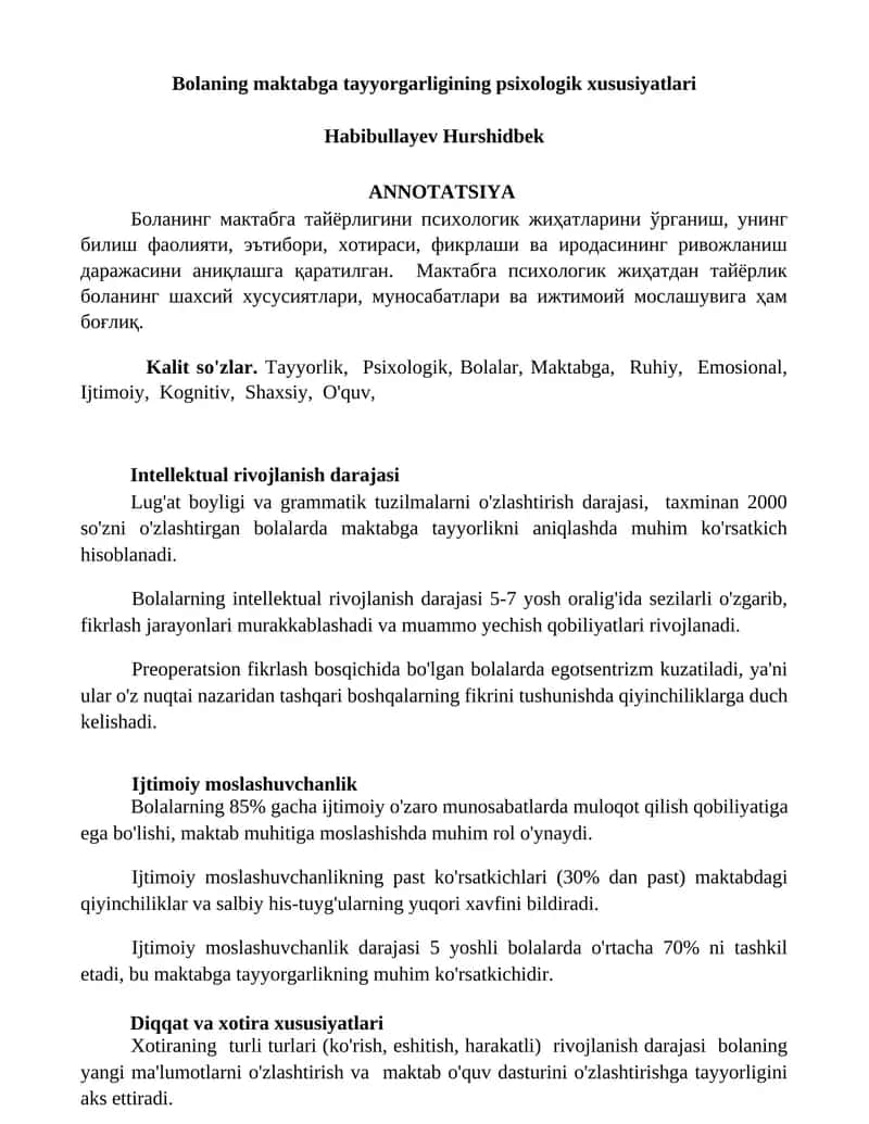 Bolaning maktabga tayyorgarligining psixologik xususiyatlari 1