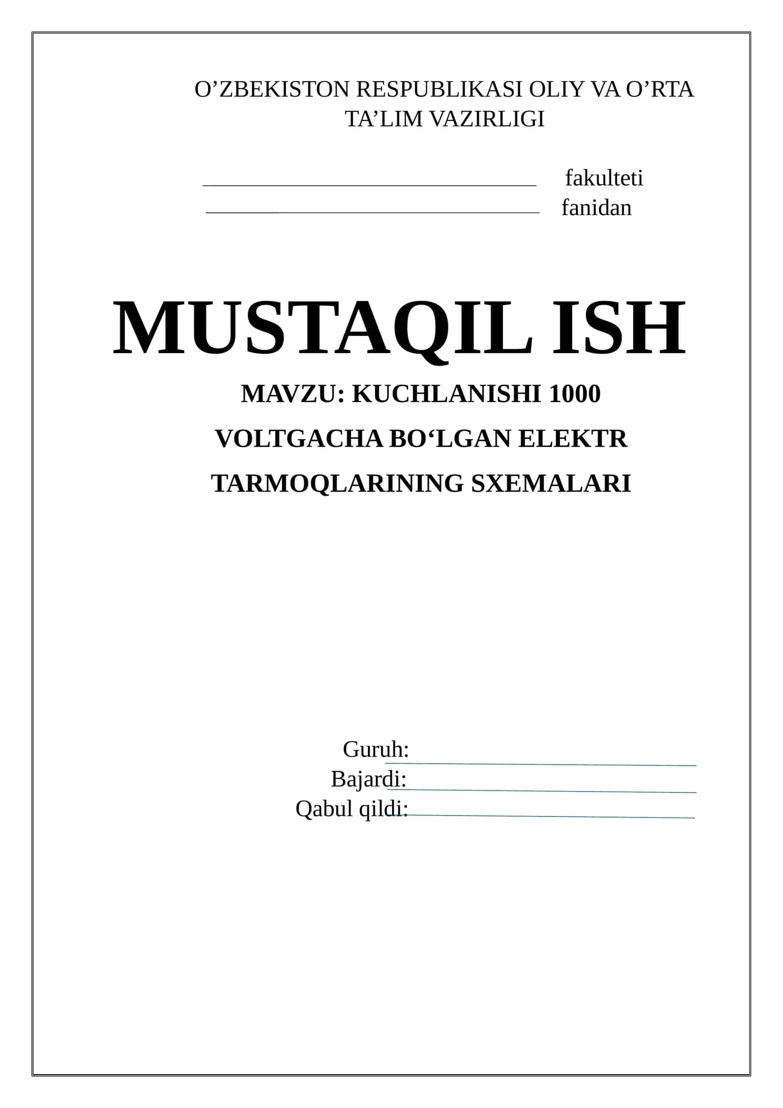 KUCHLANISHI 1000 VOLTGACHA BO‘LGAN ELEKTR TARMOQLARINING SXEMALARI 1