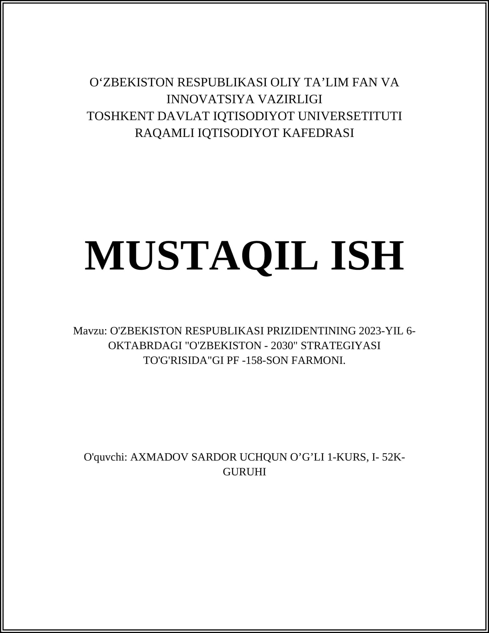 "O'ZBEKISTON - 2030" STRATEGIYASI TO'G'RISIDA"GI PF -158-SON FARMONI 1
