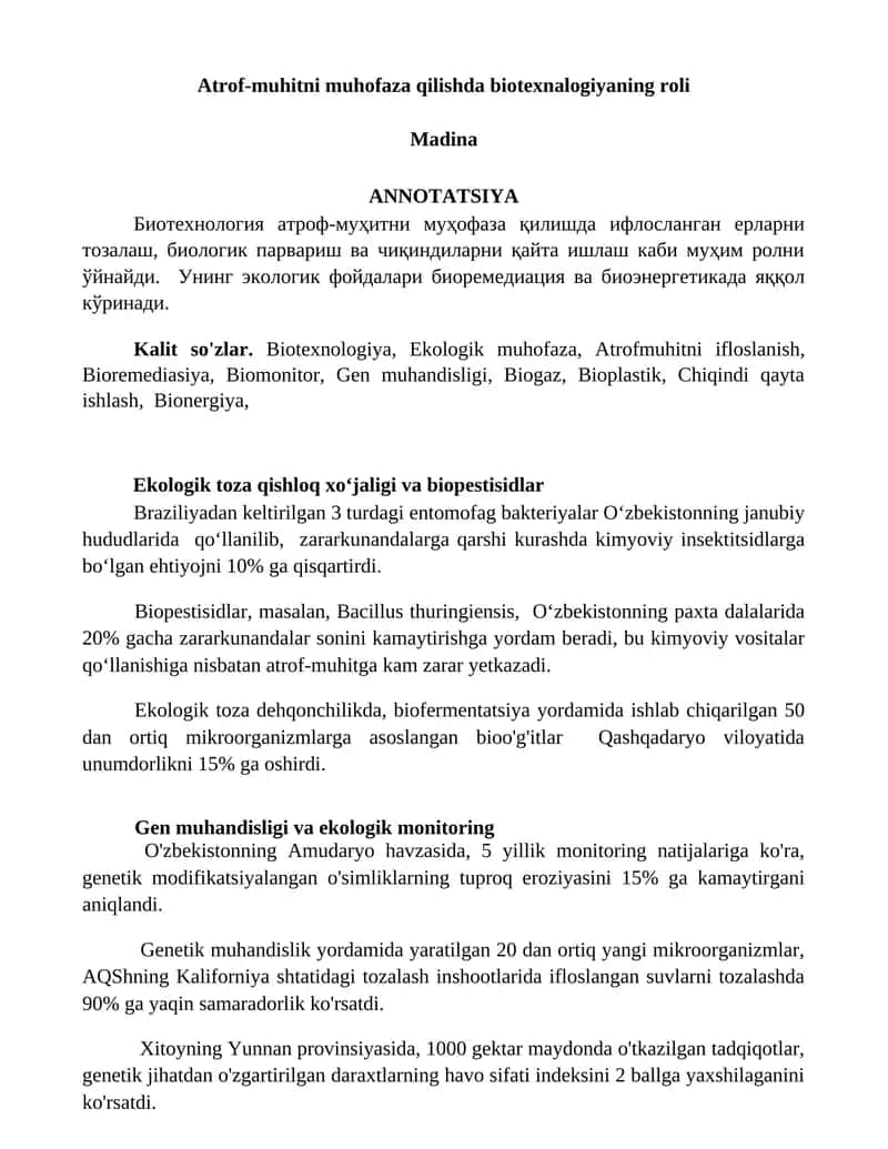 Atrof-muhitni muhofaza qilishda biotexnalogiyaning roli 1